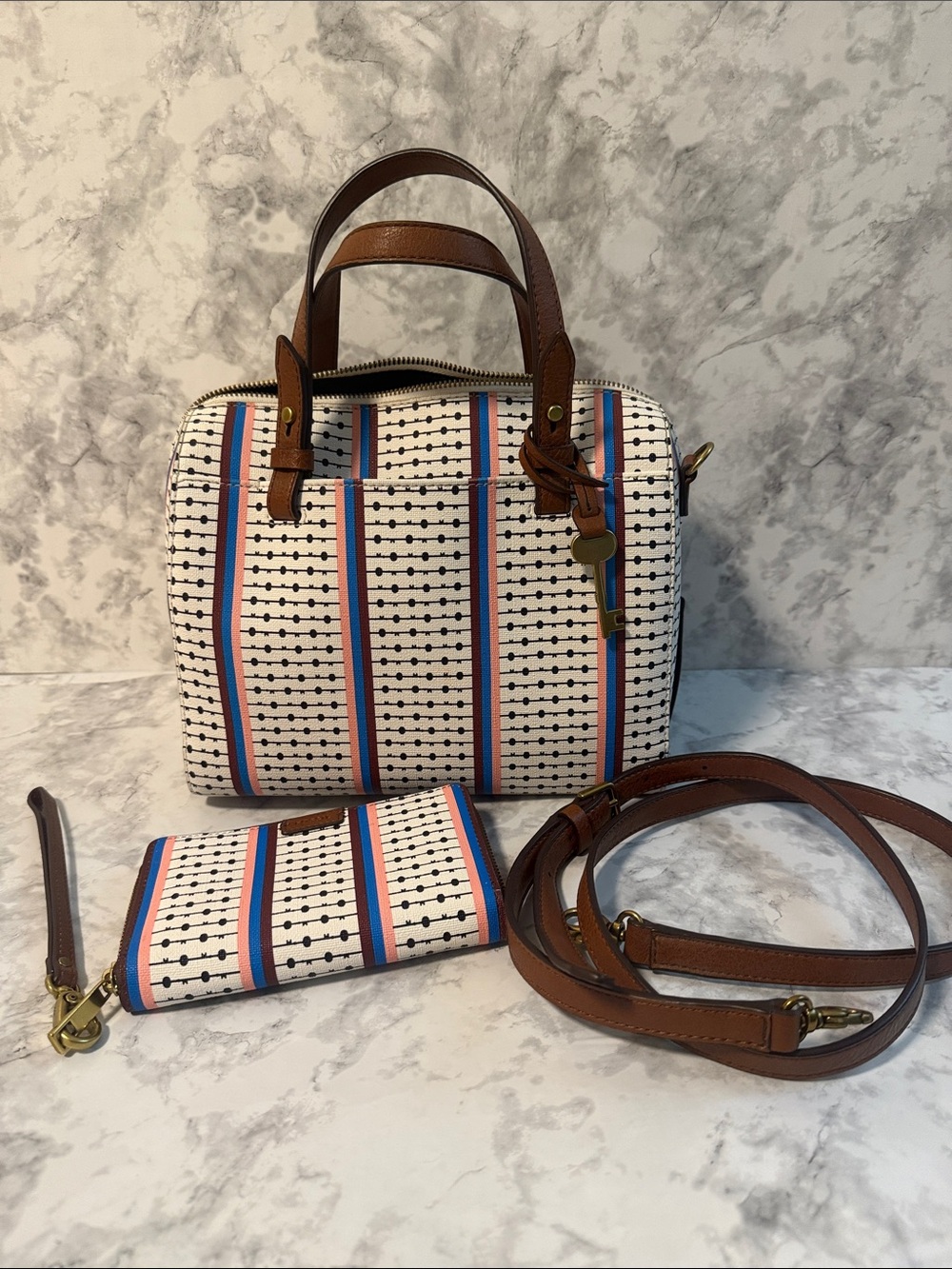 Fossil satchel Bag Purse Rachel Striped Polkadot And Wallet - Picture 2 of 9